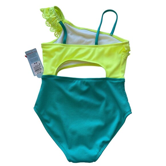 Cat & Jack Girls One-Shoulder Ruffle Swimsuit M (8) Yellow & Green - Picture 2 of 7